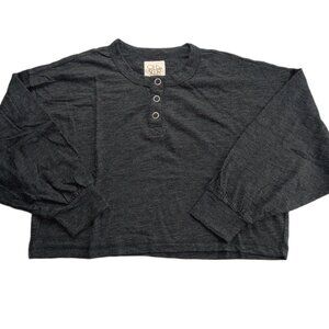 Chaser Women's Cropped Long Sleeve Henley Tee T-Shirt Size Small Charcoal Gray